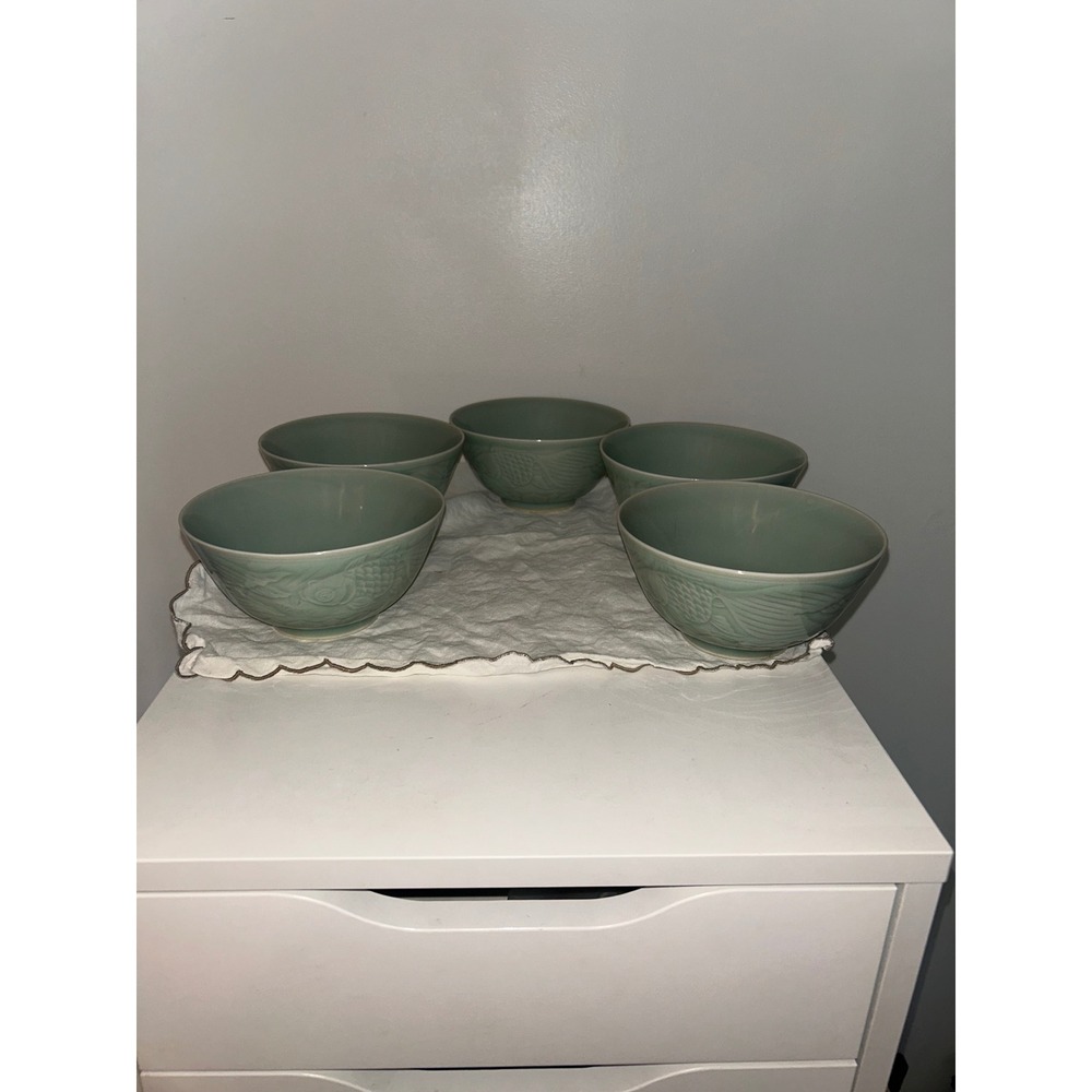 Vintage Celadon Green Koi Fish Embossed Ceramic Bowls Set of 5 Lotus Design